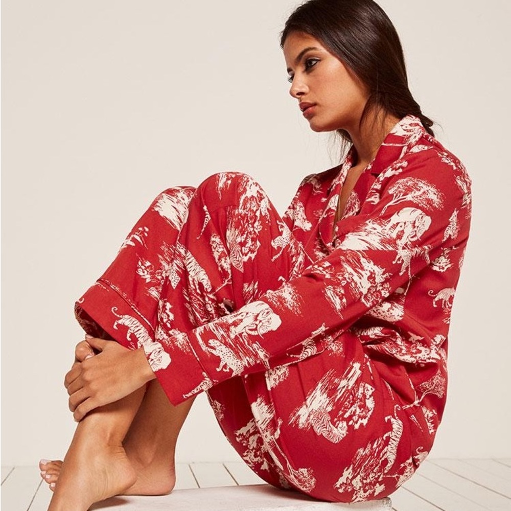 Reformation Limited Red Safari Pajama Set, Shirt + Pants Sz. M